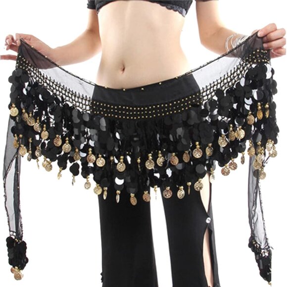 Women Black & Black Coins Hip Scarf Skirt Wrap Performance Belly Dance Costume - Picture 1 of 4